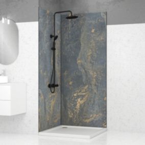 Pack de 2 panneaux muraux de salle de bains, gris et doré effet pierre avec profilés noirs, l.90+90 x H.210 x P.0,3 cm, Galedo Homestone