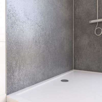 Pack de 2 panneaux muraux de salle de bains, gris foncé effet pierre avec profilés chromés, l.120+90 x H.210 x P.0,3 cm, Galedo Homestone