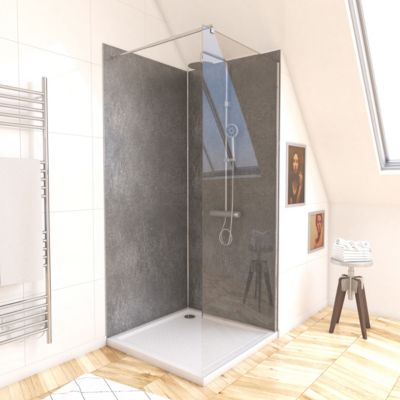 Pack de 2 panneaux muraux de salle de bains, gris foncé effet pierre avec profilés chromés, l.90+90 x H.210 x P.0,3 cm, Galedo Homestone