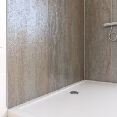 Pack de 2 panneaux muraux de salle de bains, marron effet bois avec profilés chromés, l.120+90 x H.210 x P.0,3 cm, Galedo Homestone