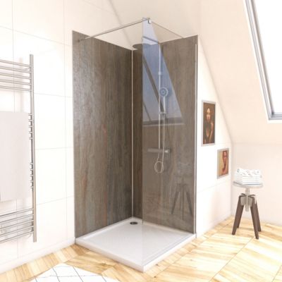 Pack de 2 panneaux muraux de salle de bains, marron effet pierre avec profilés chromés, l.90+90 x H.210 x P.0,3 cm, Galedo Homestone