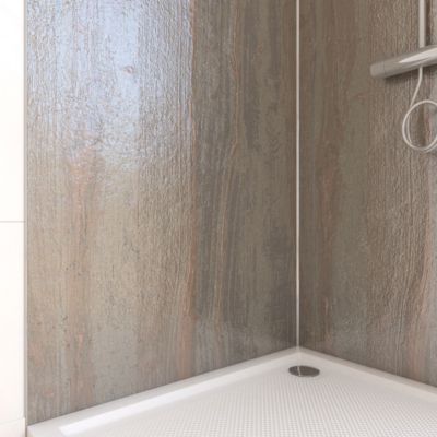 Pack de 2 panneaux muraux de salle de bains, marron effet pierre avec profilés chromés, l.90+90 x H.210 x P.0,3 cm, Galedo Homestone