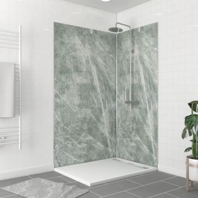 Pack de 2 panneaux muraux de salle de bains, vert effet pierre avec profilés chromés, l.120+90 x H.210 x P.0,3 cm, Galedo Homestone