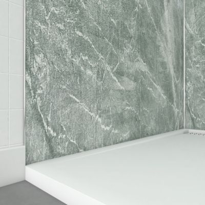 Pack de 2 panneaux muraux de salle de bains, vert effet pierre avec profilés chromés, l.120+90 x H.210 x P.0,3 cm, Galedo Homestone