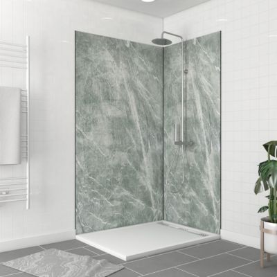 Pack de 2 panneaux muraux de salle de bains, vert effet pierre avec profilés noirs, l.120+90 x H.210 x P.0,3 cm, Galedo Homestone