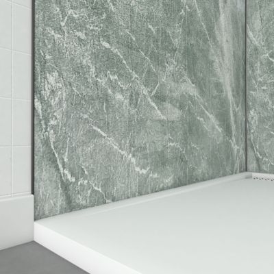 Pack de 2 panneaux muraux de salle de bains, vert effet pierre avec profilés noirs, l.120+90 x H.210 x P.0,3 cm, Galedo Homestone