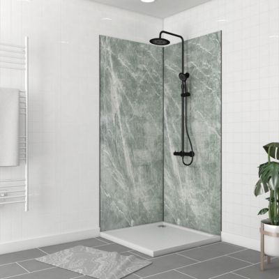 Pack de 2 panneaux muraux de salle de bains, vert effet pierre avec profilés noirs, l.90+90 x H.210 x P.0,3 cm, Galedo Homestone