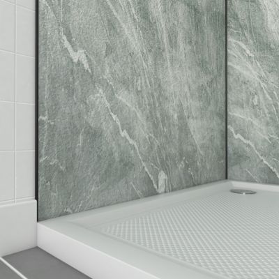 Pack de 2 panneaux muraux de salle de bains, vert effet pierre avec profilés noirs, l.90+90 x H.210 x P.0,3 cm, Galedo Homestone