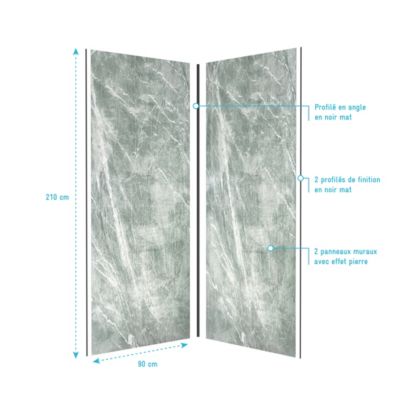 Pack de 2 panneaux muraux de salle de bains, vert effet pierre avec profilés noirs, l.90+90 x H.210 x P.0,3 cm, Galedo Homestone