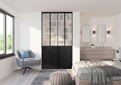 Pack de 2 portes de placard coulissantes, décor atelier noir, verre dépoli blanc, rails noirs, H 2500 x Largeur totale 1200 mm