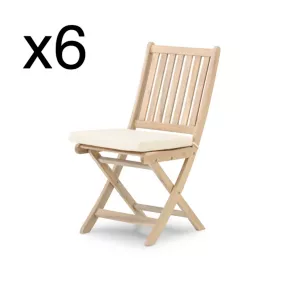 Pack de 6 chaises de jardin pliantes sans bras en bois de couleur claire avec coussins inclus - Java Light