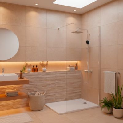 Pack Douche Complet avec Paroi Walk-In 100x200 Chrome + Colonne Grohe Vitalio 2 Jets + Receveur Marbre Coulé Blanc 120x80