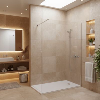 Pack Douche Complet avec Paroi Walk-In 140x200 Chrome + Colonne Grohe Tempesta 3 Jets + Receveur Marbre Coulé Blanc 140x80