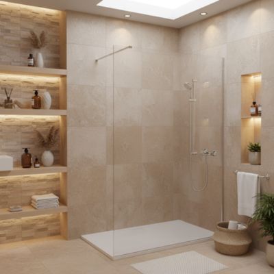 Pack Douche Complet avec Paroi Walk-In 140x200 Chrome + Colonne Grohe Tempesta 3 Jets + Receveur Marbre Coulé Blanc 140x90