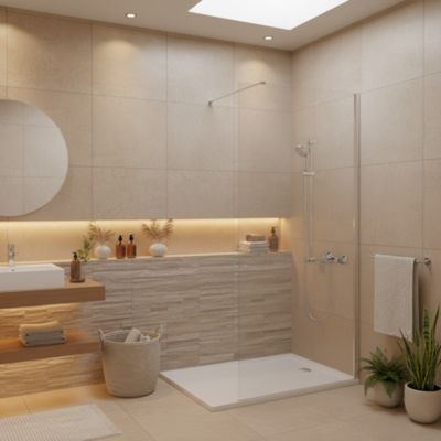 Pack Douche Complet : Paroi Walk-In 100x200 Chrome + Colonne Grohe Tempesta 3 Jets + Receveur Marbre Coulé Blanc 120x90
