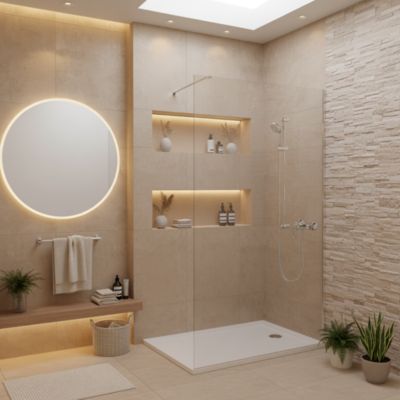 Pack Douche Complet : Paroi Walk-In 120x200 Chrome + Colonne Grohe Tempesta 3 Jets + Receveur Marbre Coulé Blanc 120x90
