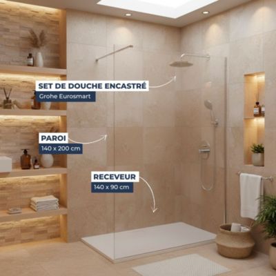 Pack Douche Complet : Paroi Walk-In 140x200 Chrome + Colonne Grohe ...