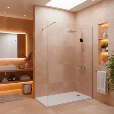Pack Douche Complet : Paroi Walk-In 140x200 Chrome + Colonne Grohe Vitalio 2 Jets + Receveur Marbre Coulé Blanc 140x80 (SAT140C8