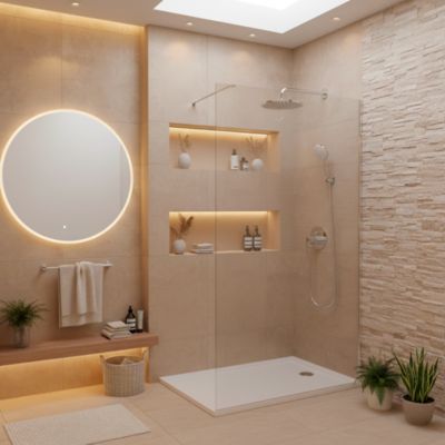 Pack Douche Complet : Paroi Walk-In 140x200 Chrome + Colonne SAT 3 Jets + Receveur Marbre Coulé Blanc 140x80 (SAT100C7PR148W)