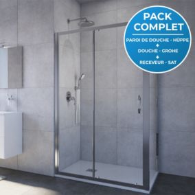 Pack douche : Porte coulissante 120cm + Paroi latérale 90cm + Set de douche encastré Grohe + Receveur 120x90cm Blanc