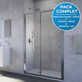 Pack douche : Porte coulissante 120cm + Set de douche encastré Grohe + Receveur 120x80cm Blanc