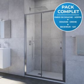 Pack douche : Porte coulissante 120cm + Set de douche encastré Grohe + Receveur 120x80cm Blanc