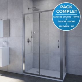 Pack douche : Porte coulissante 120cm + Set de douche encastré Grohe + Receveur 120x80cm Blanc