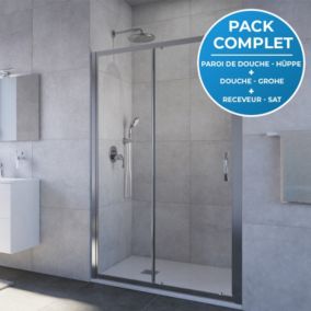 Pack douche : Porte coulissante 120cm + Set de douche encastré Grohe + Receveur 120x90cm Blanc