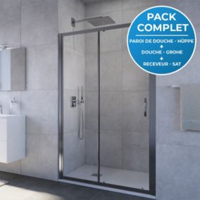 Pack douche Porte coulissante 120cm + Set de douche encastré Grohe + Receveur 120x90cm Blanc