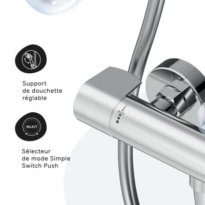 Pack douche thermostatique Chromé Tout-en-1 anti-brûlure + barre 70cm + pommeau 3 jets Simple Switch X-Joy