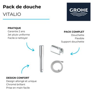 Pack douchette 1 jet Vitalio Get Stick GROHE + Flexible 1500 chromé + Support pour douchette