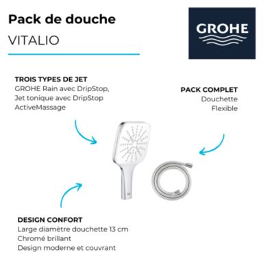 Pack Douchette GROHE Vitalio 3 jets Smartactive rectangulaire + Flexible 150 cm chromé