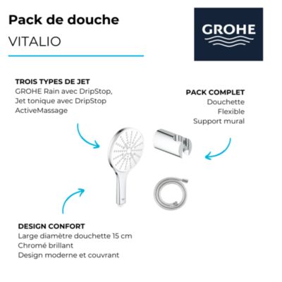 Pack douchette ronde 3 jets Vitalio Smartactive GROHE + Flexible 1500 chromé + Support mural