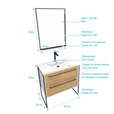 Pack meuble de salle de bain 80x50 cm Blanc - 2 tiroirs blanc - vasque blanche - miroir à led