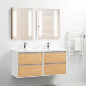 Pack Meuble prémonté 120 blanc effet bois-Vasque résine-Robinets chromé-Miroirs ELY - bain-bain