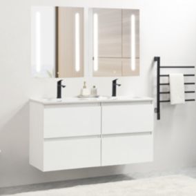 Pack Meuble prémonté 120 blanc-Vasque céramique-Robinets noir-Miroirs ELY - bain-bain