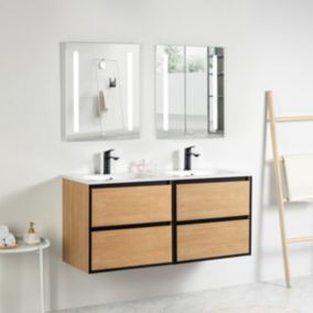 Pack Meuble prémonté 120 bois détail noir-Vasque céramique-Robinets noir-Miroirs ELY - bain-bain