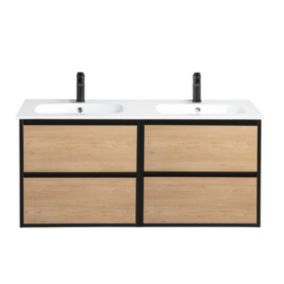 Pack Meuble prémonté 120 bois détail noir-Vasque céramique-Robinets noir-Miroirs RIMA - bain-bain