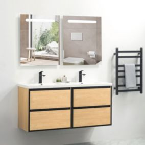 Pack Meuble prémonté 120 bois-Vasque résine-Robinets noir-Miroirs RIMA - bain-bain