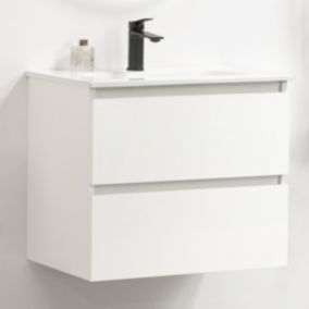 Pack Meuble prémonté 60 blanc-Vasque céramique-Robinet noir-Miroir ELY - bain-bain