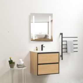 Pack Meuble prémonté 60 bois détail noir-Vasque céramique-Robinet noir-Miroir ELY - bain-bain