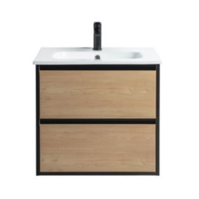 Pack Meuble prémonté 60 bois détail noir-Vasque céramique-Robinet noir-Miroir RIMA - bain-bain