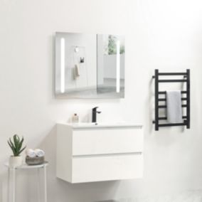 Pack Meuble prémonté 80 blanc-Vasque céramique-Robinet noir-Miroir ELY - bain-bain