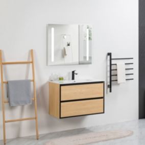 Pack Meuble prémonté 80 bois détail noir-Vasque céramique-Robinet noir-Miroir ELY - bain-bain