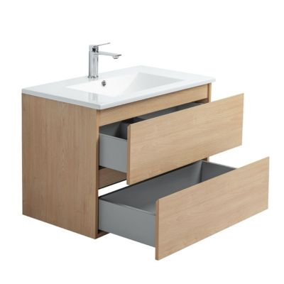 Pack Meuble prémonté 80 bois-Vasque résine-Robinet chromé-Miroir ELY - bain-bain