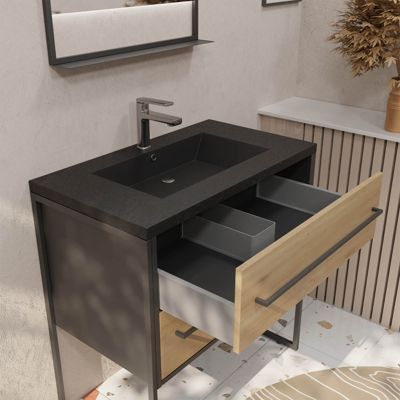Pack Meuble Salle de Bain 80 cm Noir Mat & Bois 2 Tiroirs - Vasque Noire Effet Pierre - Miroir Led