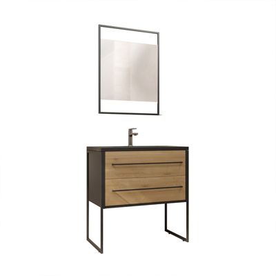 Pack Meuble Salle de Bain 80 cm Noir Mat & Bois 2 Tiroirs - Vasque Noire Effet Pierre - Miroir Led