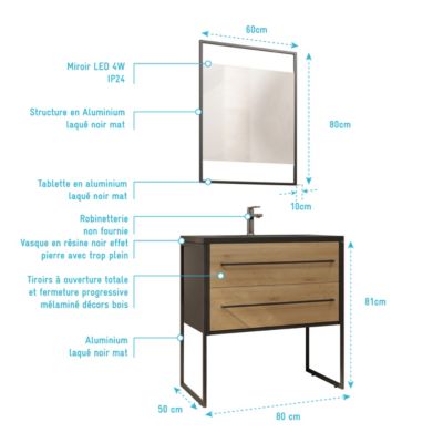 Pack Meuble Salle de Bain 80 cm Noir Mat & Bois 2 Tiroirs - Vasque Noire Effet Pierre - Miroir Led