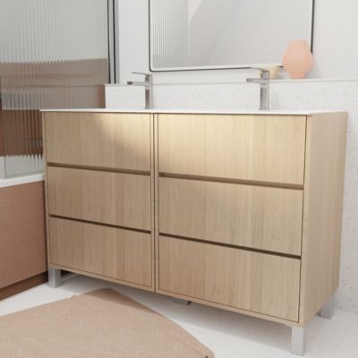 Pack Meuble Salle de Bains 120 cm Chêne Clair, 6 tiroirs avec Vasque Céramique - XENOS