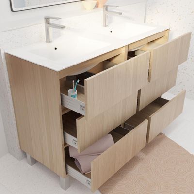 Pack Meuble Salle de Bains 120 cm Chêne Clair, 6 tiroirs avec Vasque Céramique - XENOS